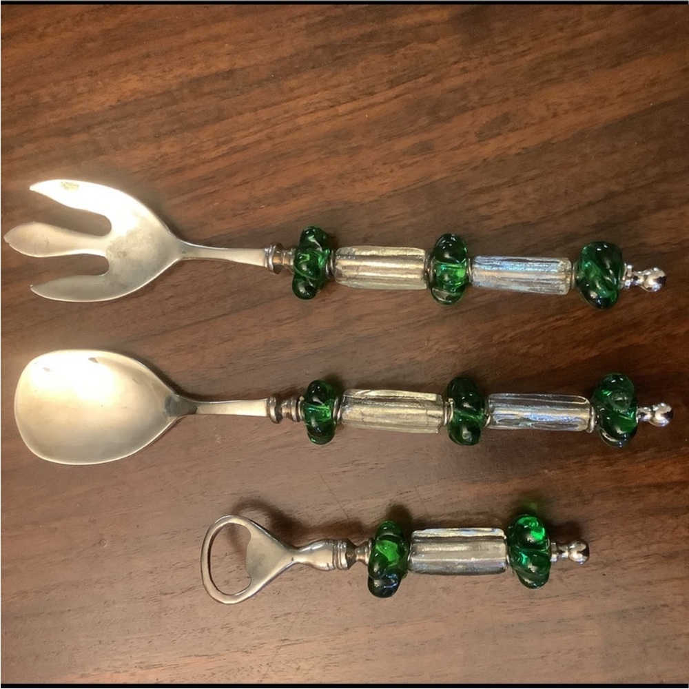 Elegant Silver and Green Beaded Serving Set